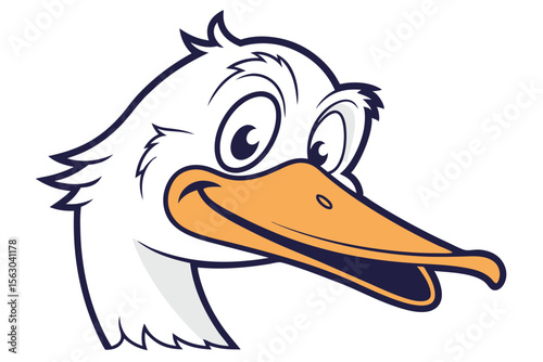 Cartoon smiling duck head displays bright white feathers and a big orange beak
