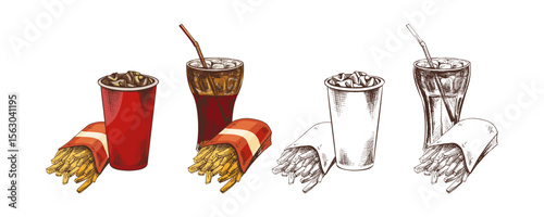 Hand drawn vintage fast food set with color and monochrome version of fizzy drink and French fries