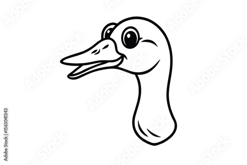 Cartoon outline of a goose head shows a funny happy expression, in black and white