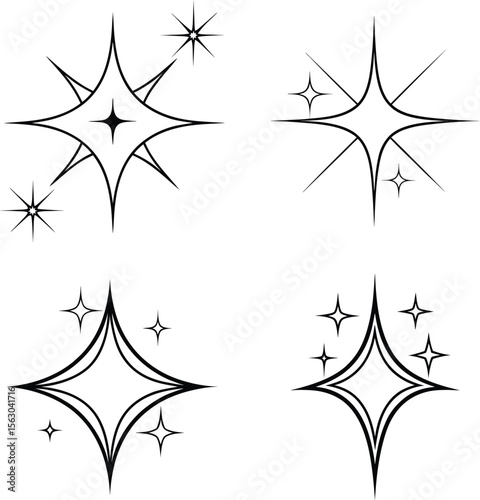 Set of black and white star icons and decorative star patterns vector illustration