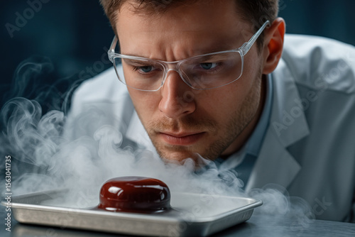 Scientist observing molecular gastronomy dessert releasing vapor, showcasing culinary innovation in a modern experimental kitchen