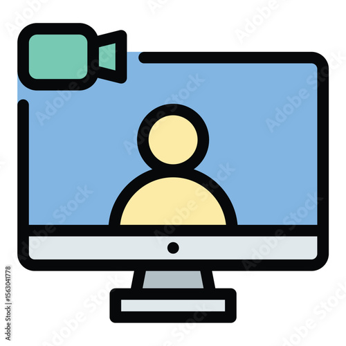 Video call icon flat line style illustration representing real-time visual communication, suitable for conferencing apps, remote meetings, and digital communication platforms