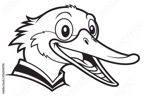 Cartoon duck in a jersey smiles with beak open in monochrome simplicity