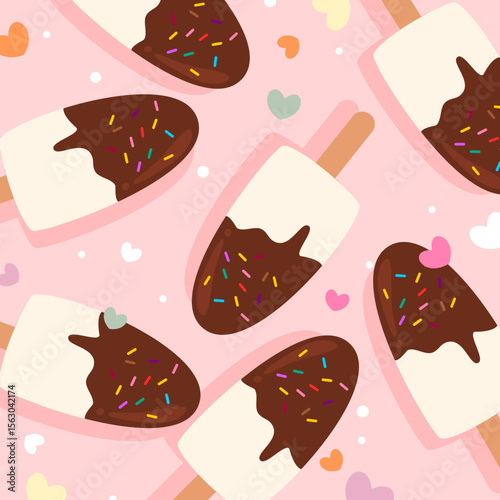 Ice cream chocolate seamless pattern with sprinkle and heart decoration. Can be used for wallpaper, paper wrapping, print and fashion fabric