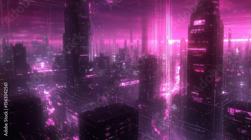 Futuristic Cyberpunk Cityscape Bathed in Vibrant Pink Neon Light