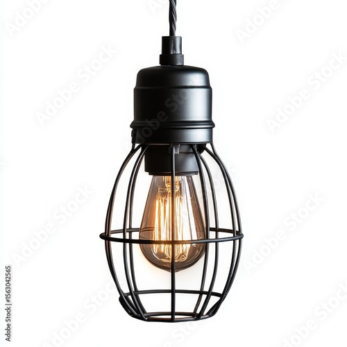 A vintage-style hanging light bulb enclosed in a black metal cage, illuminating warmly against a white background.