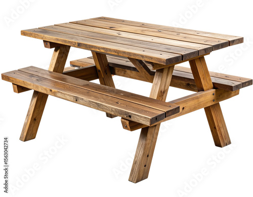 Front View of Old Wooden Picnic Table with Weathered Texture, Isolated on White
