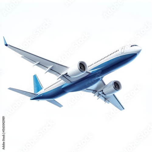 A commercial airplane in flight shown from below, featuring two jet engines and a blue-and-white color scheme against a white background.