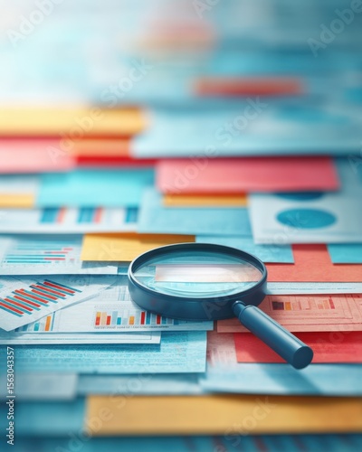 atomic habit Close up of analysis documents with magnifying glass and colorful paper details a workspace organized for deep focus