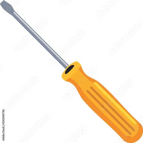 Vector Flathead Screwdriver with Yellow Ribbed Handle and Metallic Shaft on White Background