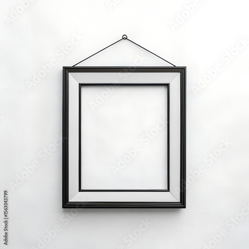 Empty square black picture frame hanging from a wire on a white background isolated on white background