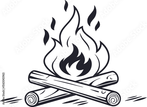 Campfire Flames with Burning Logs,Minimalist Line Art,Camp fire silhouette and vector,Simple icon of a campfire with burning logs,wood burning or fire,campfire icon,bonfire flat vector icon,flames,Ai