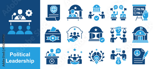 Political Leadership icon set with Authority, Decision-making, Representation, Governance, Leadership, Public trust, Influence.