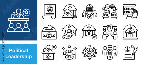 Political Leadership icon set with Authority, Decision-making, Representation, Governance, Leadership, Public trust, Influence.