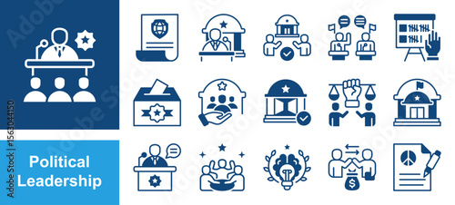 Political Leadership icon set with Authority, Decision-making, Representation, Governance, Leadership, Public trust, Influence.