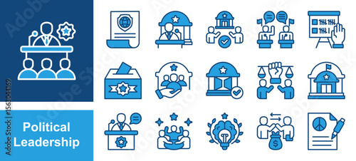 Political Leadership icon set with Authority, Decision-making, Representation, Governance, Leadership, Public trust, Influence.