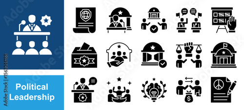 Political Leadership icon set with Authority, Decision-making, Representation, Governance, Leadership, Public trust, Influence.