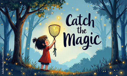 A girl with lantern stands in a dreamy night forest filled with magic.