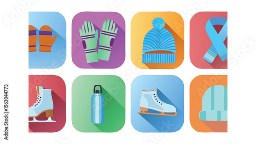Illustration of winter accessories including mittens, gloves, hat, scarf, skates and water bottle