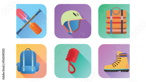 Illustration of outdoor adventure gear including paddles helmet life vest and backpack and boot icon set
