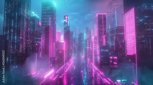 Neon-lit Cyberpunk Cityscape with Futuristic Buildings and Atmospheric Fog