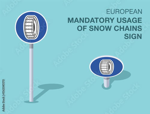 Traffic regulation rules. Isolated european "mandatory usage of snow chains" road sign. Front and top view. Flat vector illustration template.