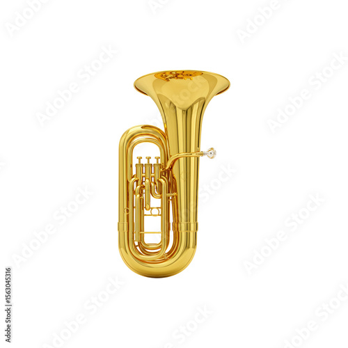 Golden brass tuba musical instrument with realistic shine and shadow centered on white background