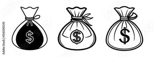 Minimal Black Silhouette Money Bag Icon with Dollar Symbol Vector Style Design