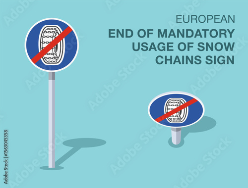 Traffic regulation rules. Isolated european "end of mandatory usage of snow chains" road sign. Front and top view. Flat vector illustration template.