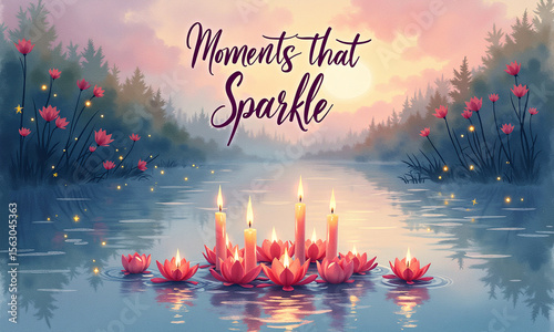 Peaceful water landscape with floating flowers and sparkling candlelight.