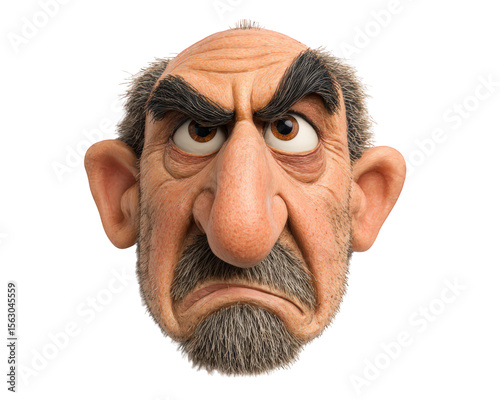 Angry cartoon man face with large nose, bushy eyebrows, bald head, and expressive frown isolated on transparency background, humorous and exaggerated character design