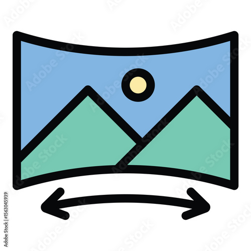 Panoramic icon flat line style illustration representing wide-angle views and immersive imaging, suitable for photography, virtual tours, and landscape visualization projects