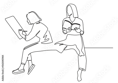 continuous line art of two female students studying, writing and reading a book