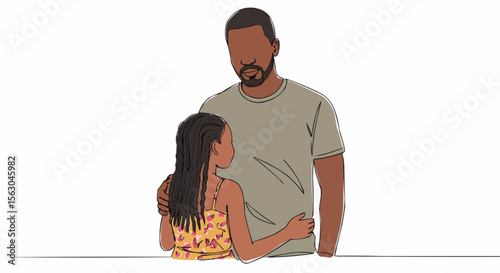 A tender moment of a father comforting his daughter with his arm around her. 