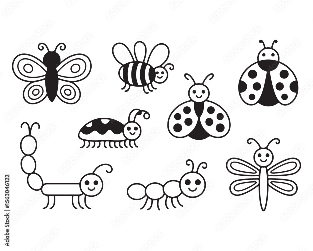 Fototapeta premium Set of outlined cartoon insects including butterfly, bee, ladybug, ant, grasshopper, caterpillar, beetle, and dragonfly. Black and white vector line drawing
