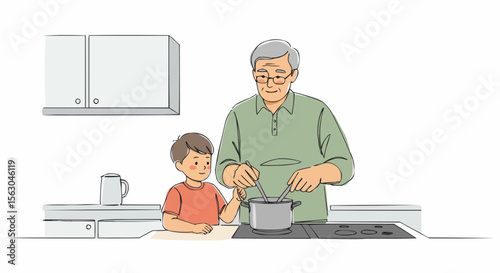 A grandfather teaching his grandson to cook in the kitchen.
