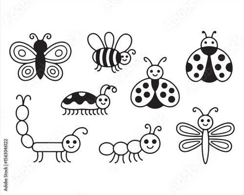 Set of outlined cartoon insects including butterfly, bee, ladybug, ant, grasshopper, caterpillar, beetle, and dragonfly. Black and white vector line drawing