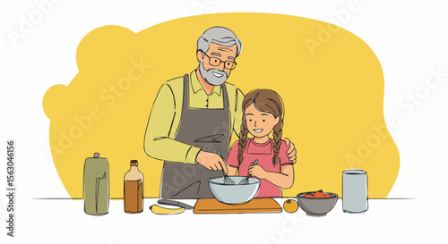 An endearing grandfather and granddaughter share a cooking moment in the kitchen.