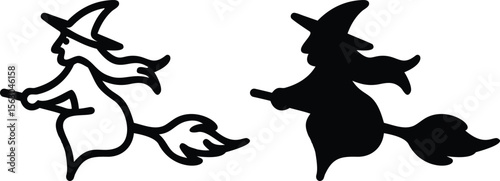 Flying Witch Vector Icons – Black and White Halloween Silhouette on Broomstick Illustration
