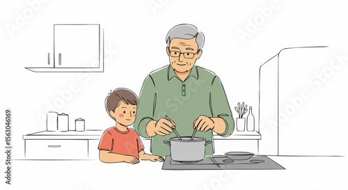 Grandfather and grandson bond while cooking in the kitchen. 