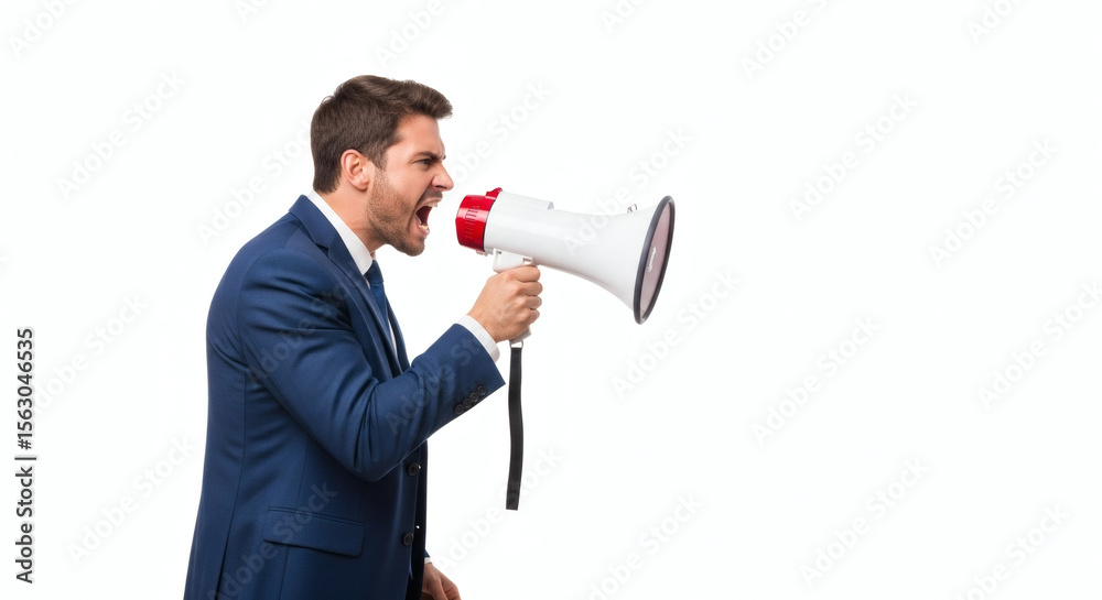 A person with an angry expression yelling through a megaphone on a white background. A person with an angry expression yelling through a megaphone on a white background.