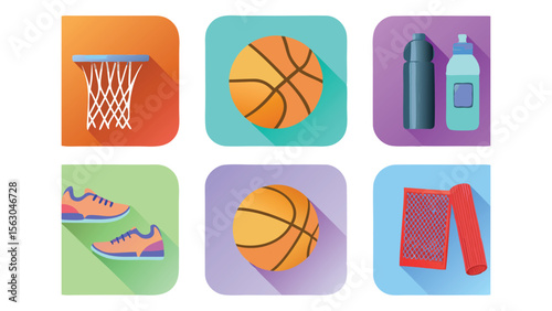 Collection of basketball hoop, balls, water bottles, shoes and a yoga mat on colored squares