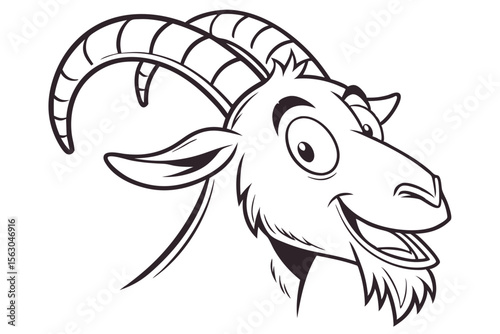 Black and white cartoon goat head shows a friendly smile expression