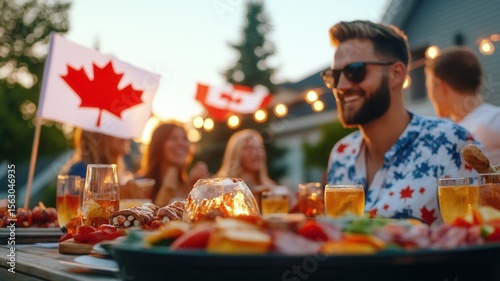 Sunset backyard gathering with friends grilling, canadian flags waving, festive lighting, sharing summer evening camaraderie