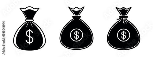Minimal Black Silhouette Money Bag Icon with Dollar Symbol Vector Style Design