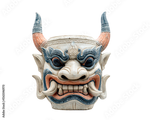 Thai giant mask traditional sculpture transparency background blue and orange detail cultural art fierce expression mythology horn tusk isolated object