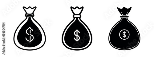 Minimal Black Silhouette Money Bag Icon with Dollar Symbol Vector Style Design