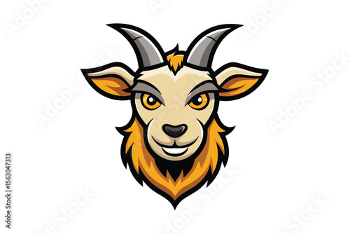 Cartoonish goat head with big yellow eyes and gray horns smiles cheerfully outward