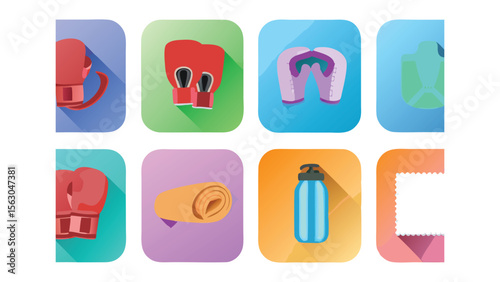 Illustration of boxing gloves towel water bottle and other gym equipment on colorful square backgrounds