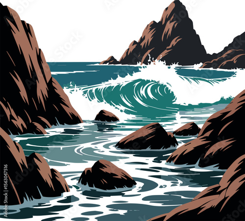 Rocky Ocean Waves Illustration with Splashing Surf and Jagged Cliffs